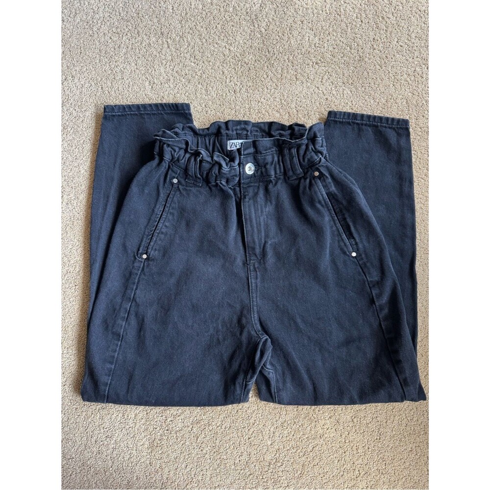 Zara Black Paperbag Waist Jeans High Rise Cinch Waist Tapered Denim Size 0